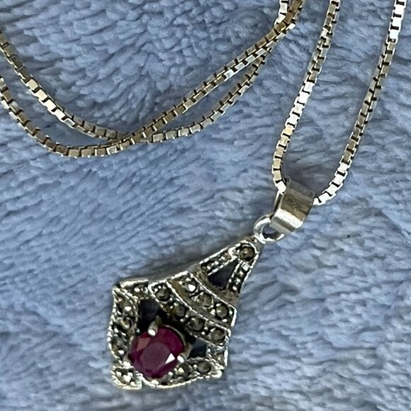Vtg. Solid 925 Marcasite Pendant w Natural Ruby on a Solid Sterling Box Chain - Picture 10 of 16